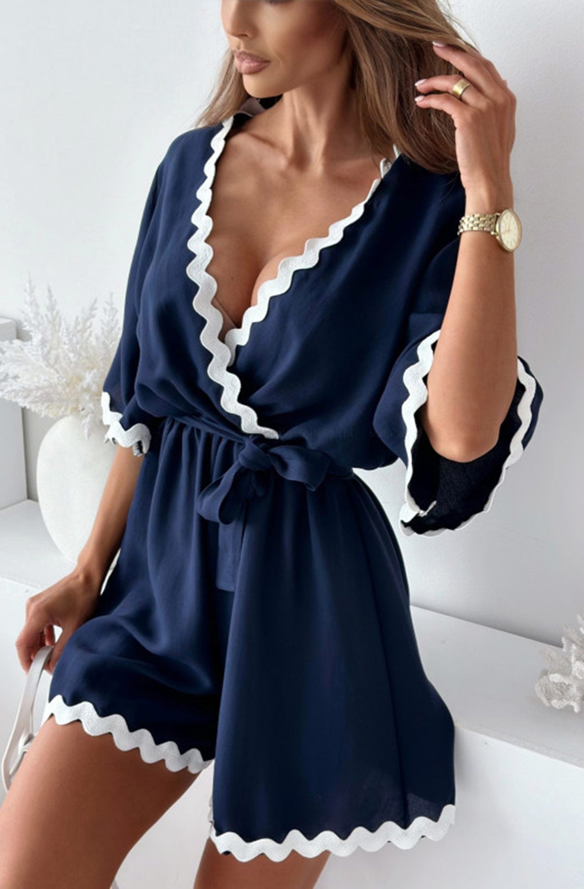 MARA FRONT WRAP CONTRAST TRIM PLAYSUIT-NAVY WITH SCALLOP RIC RACK TRIM