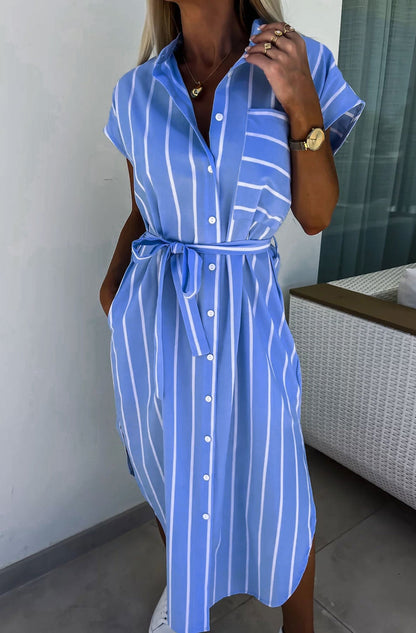 MAYA STRIPED SIDE SLIT DRESS-BLUE