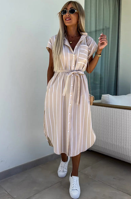 MAYA STRIPED SIDE SLIT DRESS-STONE