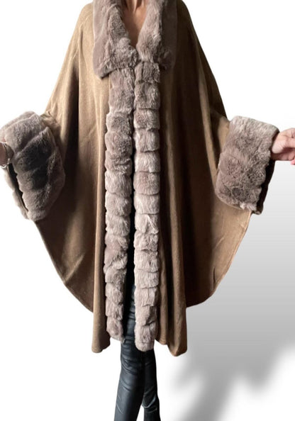 Taupe Faux Fur Trimmed Poncho