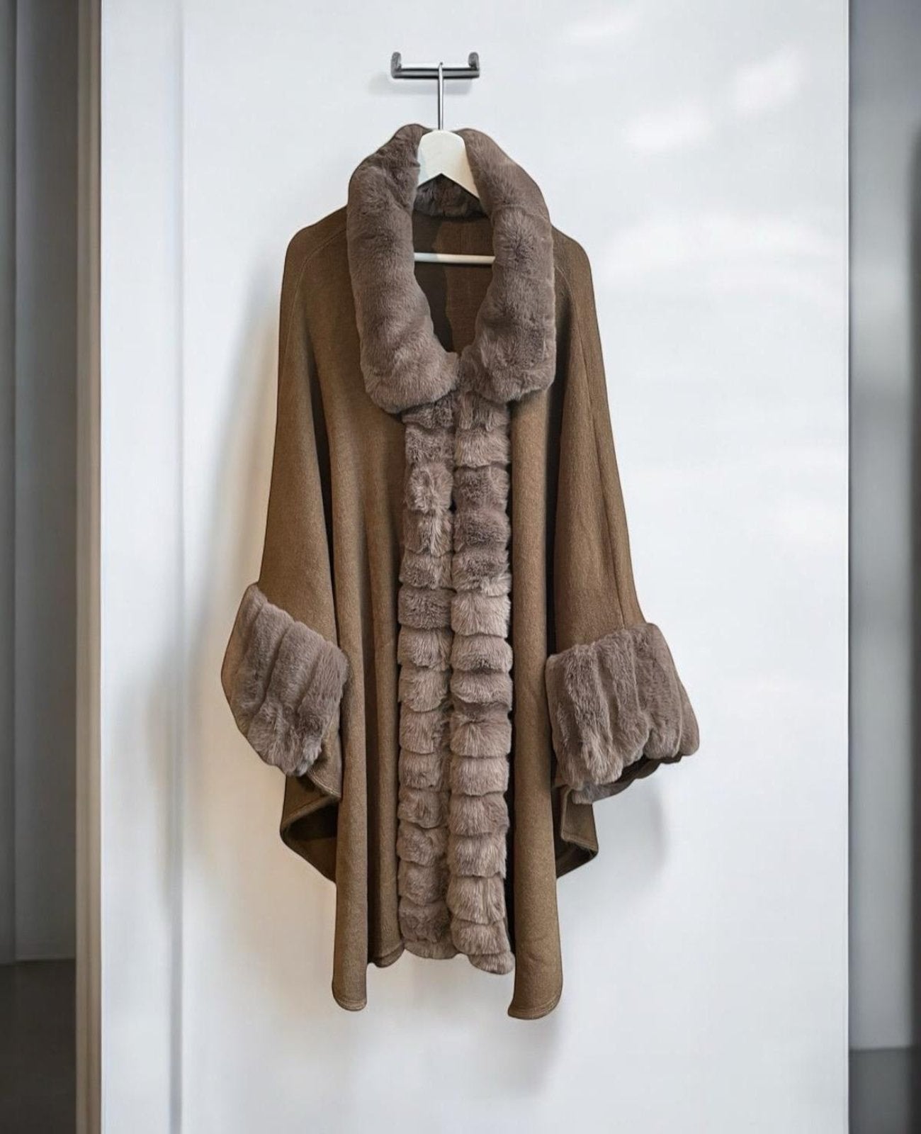 Taupe Faux Fur Trimmed Poncho