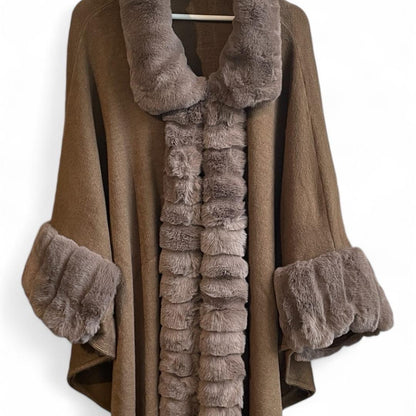 Taupe Faux Fur Trimmed Poncho