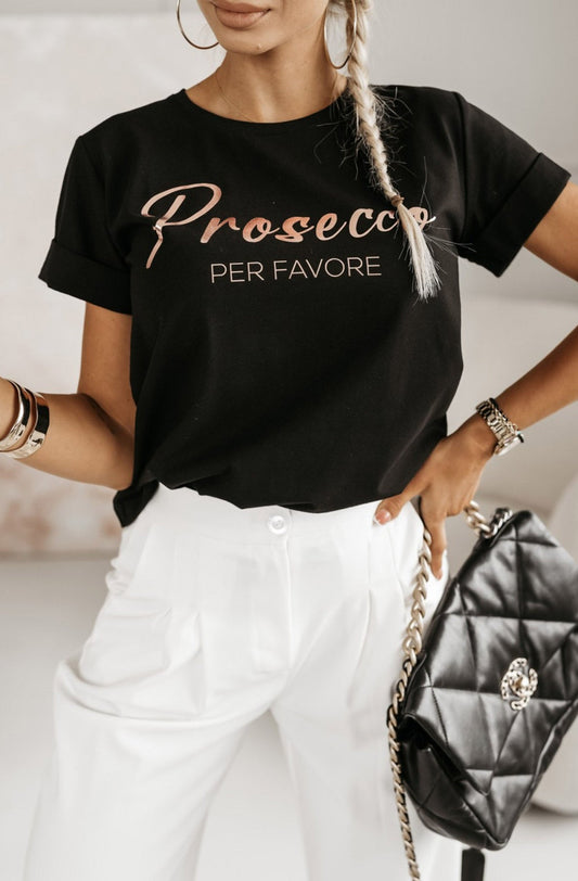 'PROSECCO PER FAVORE' GRAPHIC PRINTED T-SHIRT TOP-BLACK