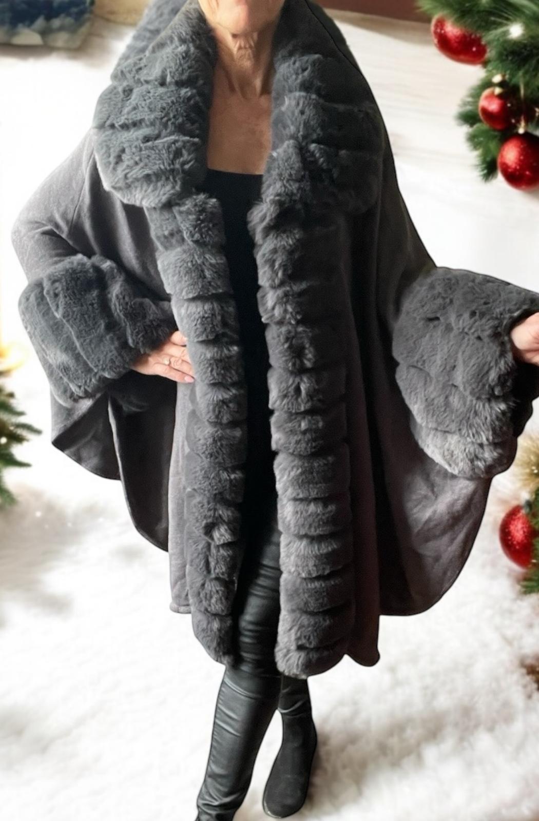 Dark Grey Thick Faux Fur Trimmed Poncho