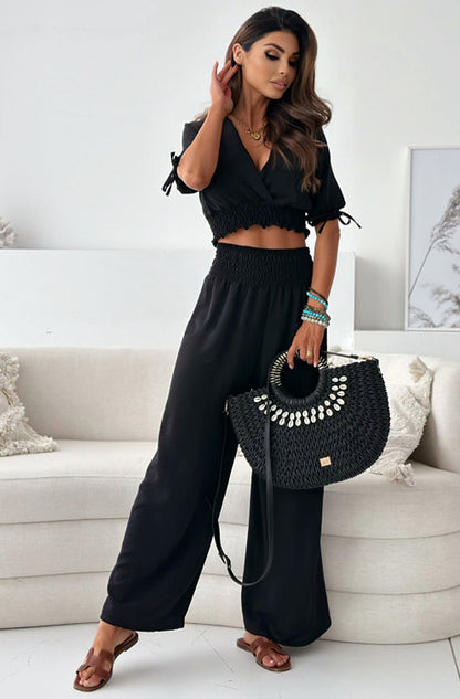 XANTHEA SHIRRED TWO PIECE CO-ORD SET-BLACK, CHIC AND FLARED CROPPED TOP