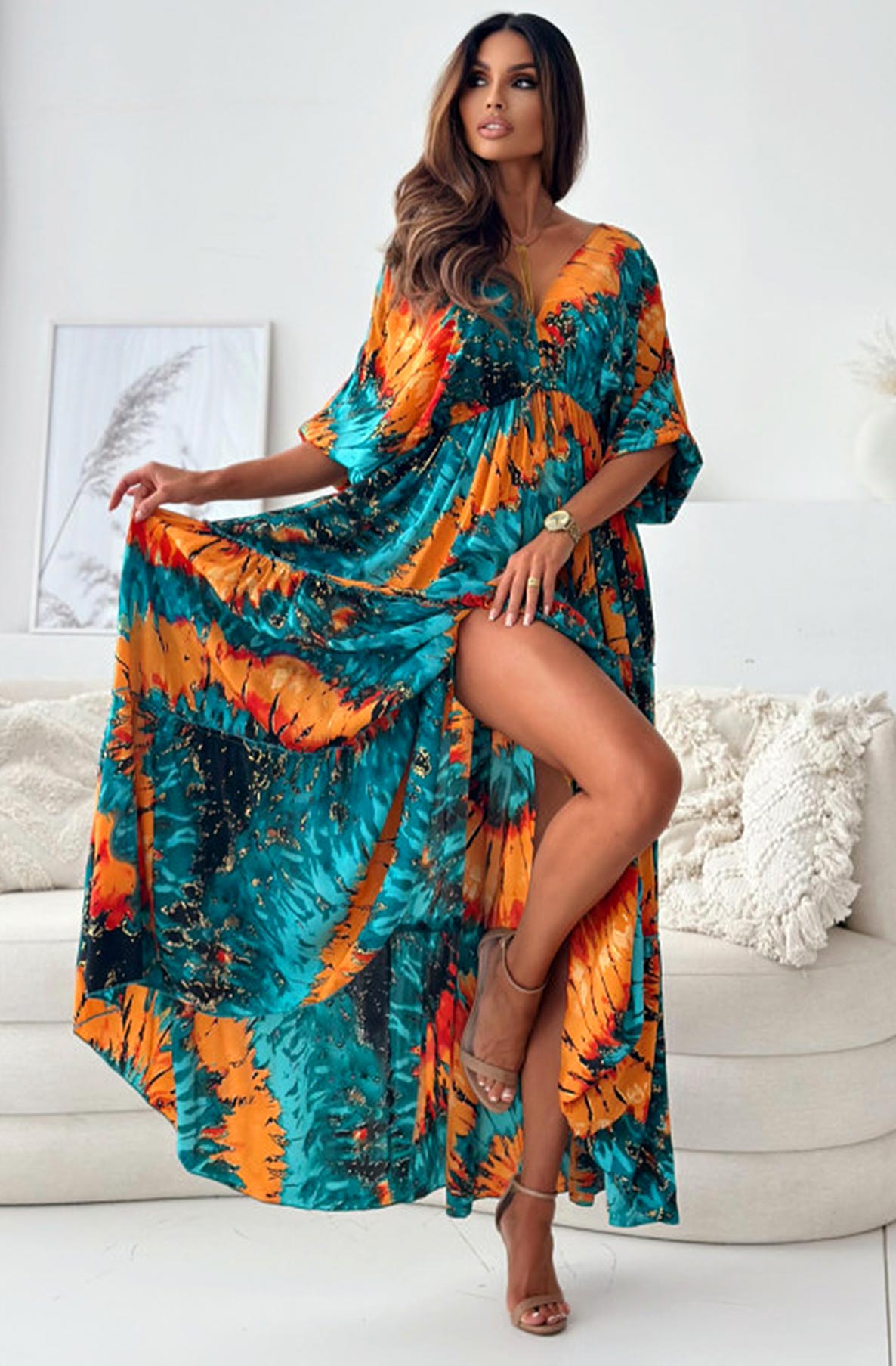 ZENDAYA PATTERNED BATWING MAXI DRESS-ORANGE