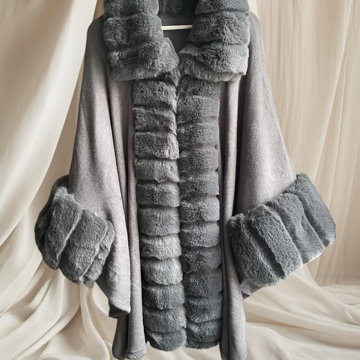 Dark Grey Thick Faux Fur Trimmed Poncho