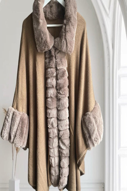 Taupe Faux Fur Trimmed Poncho